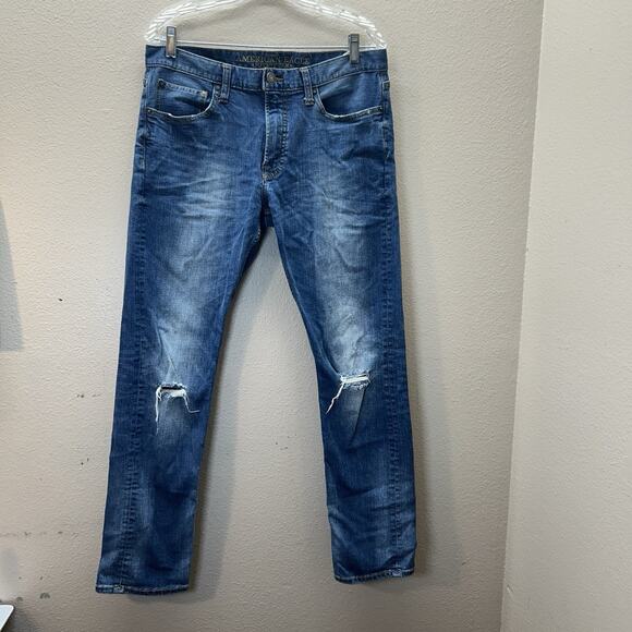 American Eagle Men’s 32x32 Blue Denim Jeans Slim Core Flex Distressed - Picture 1 of 9